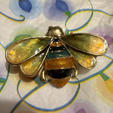 Vintage Signed MONET Enamel Bee Brooch Pin Translucent Wings Rhinestone Insect picture