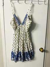 Angie Blue & White Floral V-Neck dress Adjustable Straps Elastic Waist L picture
