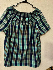 Talbots Women’s 2X Blue Green White Plaid Smocked Scoop Neck Short Sleeve Blouse picture