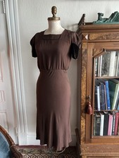 Vintage 1930s Brown Rayon Velvet Puff Sleeve Bias Cut Day Dress XS 25W - AS IS picture