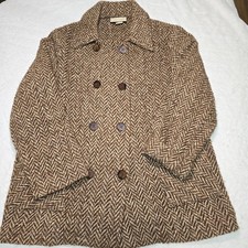 Vintage Boyne Valley Weavers Herringbone Tweed Wool Coat Jacket Ireland Brown L picture