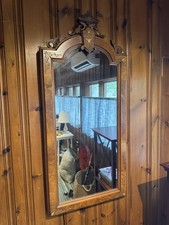 Carved Wood Framed Wall Mirror w/ Inlay, Brown Rectangle Vertical Wall Mount picture