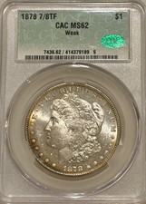 1878 7/8tf Morgan Silver Dollar Weak CAC MS62 Light Rim Toning picture