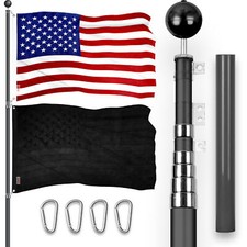 20 Ft Telescoping Flagpole BLK & American and All Black USA Flags Emb 300D 3x5Ft picture