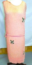 Vintage Authentic 1920s Peach Chiffon Flapper Dress Clear Glass Beads Small picture