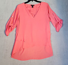 Alfani 16W Pink Solid V-Neck 3/4 Roll-Tab Sleeve Pullover Woven Blouse picture
