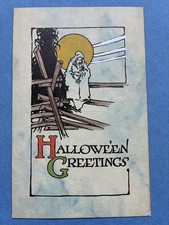 Vtg Halloween Postcard Gibson Blue Marble Design Ghost Fence Moon RARE Unused  picture