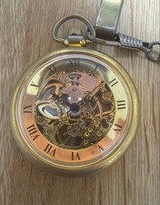 Antique Style Mechanical Ornate Skeleton Pocket Watch Brass Hand Wind Chain picture