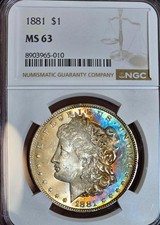 1881 Morgan Silver Dollar NGC MS63 Rainbow Toned Coin Great Color $1 Toner UNC picture