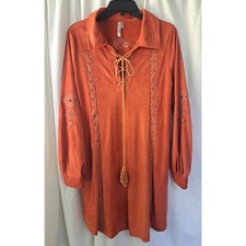 Monoreno Rust Orange Boho Embroidered Front Tie Dress #YM0735 Size Small picture