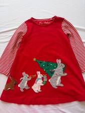 Mini Boden Girls Red Christmas Bunny Applique Dress 4-5Y Striped Sleeves picture