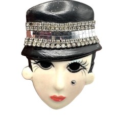 VTG Marsha Bauer Deco Flapper Girl Face Brooch  Ceramic Rhinestone Pin picture