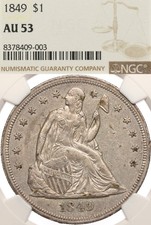 1849 $1 NGC AU53 Seated Liberty Silver Dollar 62,600 Mintage About Uncirculated picture
