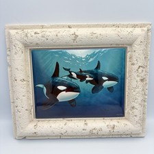 Wyland Orca Sea Ceramic Art Tile Mounted Faux-stone Frame Orca Family Whale picture