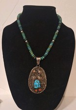 Huge OLD Navajo Turquoise Bead Necklace Sterling Silver Pendant Wayne Ettsitty picture