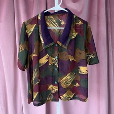 90s VTG Sheer Brown Button Up Top Abstract Mesh Blouse - Women’s Size Large picture