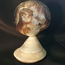 Vintage Tahiti Mother Of Pearl Blacklip Oyster Carving On Polished M of P Shell picture