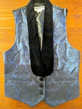 Vintage 1990s Victorian Style Goth Damask Blue And Black Velvet Vest Vampire picture