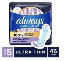 Ultra Thin Overnight Pads with Wings, Size 5, Extra Heavy Absorbency, 46 Count picture
