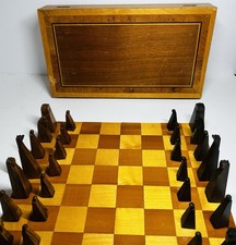 Mid Century Mod Minimalist Hand Carved Olive Wood Chess Set from Israel COMPLETE picture