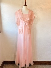 Vintage 1930s–40s Pink Sheer Net Hostess Gown Set | 2-Piece Crepe Slip Dress S/M picture