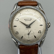 Vintage Westclox Mens Watch 34mm Cream Dial Brown Leather Strap Manual Wind picture