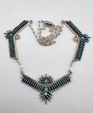 Vtg R. Lasiloo Zuni Sterling Silver Needlepoint Turquoise Collar Necklace 25.5