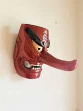 Tengu Oni Red Demon Kagura Mask Japanese Vintage Wooden Hand Painted From Japan picture