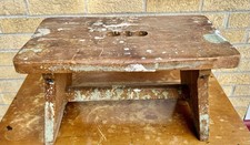 Antique Farmhouse Rustic Child’s Wooden Stool Orig Worn Splattered Paint picture