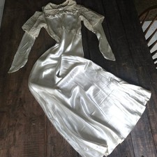 Vintage 1930s 1940s Cream Liquid Satin Lace Wedding Dress Long Sleeve Bias Cut picture