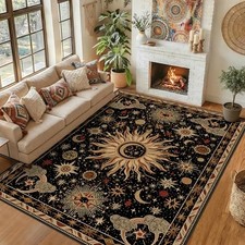 Vacuum-Friendly, 8x10 Washable Area Rug, Black Gold Beige Red | Sun and Moon picture