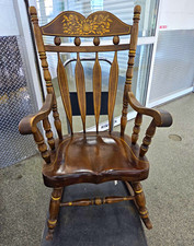 Wood Rocking Chair with Arms, Carved Floral Backrest, Brown Dark Wood picture
