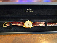 Orient Bambino Automatic 40mm Gold Tone White Dial Brown Leather Date Box picture