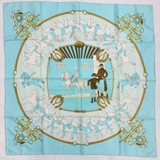 Hermes Carre 90 MANEGE Silk Scarf Light Blue Gold Brown Very Good with Tag picture