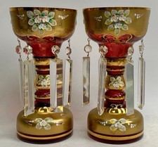 Victorian Pair of Ruby Bohemian and Hand-Painted Lusters picture