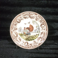 Legend Thanksgiving TURKEY Salad Plates 2pc Floral Toile Border Brown White NEW picture