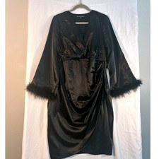 Absolutely Famous Black Satin Faux Feather Trim Wrap Front Cocktail Dress NWT L picture