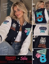 Justice x Stranger Things Hawkins High Varsity Jacket Navy/White Pockets L picture