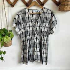 The Paragon Womens Black White Plaid Cotton Gauze Smocked Lace Trim Top Large picture