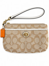 Coach Signature Turnlock Wristlet Khaki Cream Gold Hardware New Without Tags picture