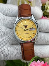 Vintage Seiko 5 Automatic Yellow Dial Day-Date17 Jewels Brown Strap Men's Watch picture