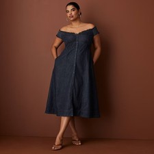 Women's Off the Shoulder Denim Button-Down Midi Dress - Rosie Assoulin Dark picture