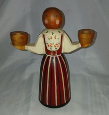 Swedish Folk Art Wood Carved Candle Holder Woman Hand Painted VTG Scandinavian picture