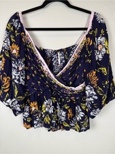Free People Mirabella Navy Floral Faux-Wrap Style Balloon Sleeves Top Size Large picture
