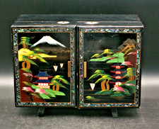 VTG Japanese Black Lacquer Music Jewelry Box Hand Painted Mother of Pearl inlay picture