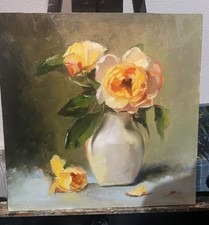 Original Oil Painting Garden Roses 12x12 Floral Still Life Signed Wall Art || picture