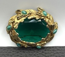 Vintage Large Signed Brooch Green Marble Cabochons Gold Tone High End Quality picture