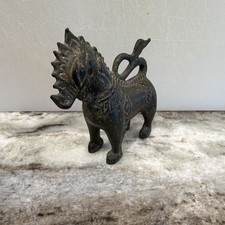 Southeast Asian Patina Bronze Guardian Lion Statue with Decorative Carving picture