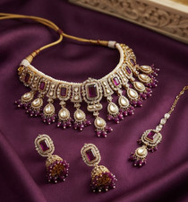 Indian Bollywood Gold Plated Kundan Choker Bridal Necklace Earrings Jewelry Set picture