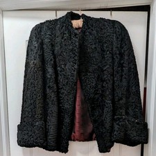 Vtg 1950s Black Karakul Persian Lamb Fur Coat Jacket Crop Cuffed Red Lining Sz M picture